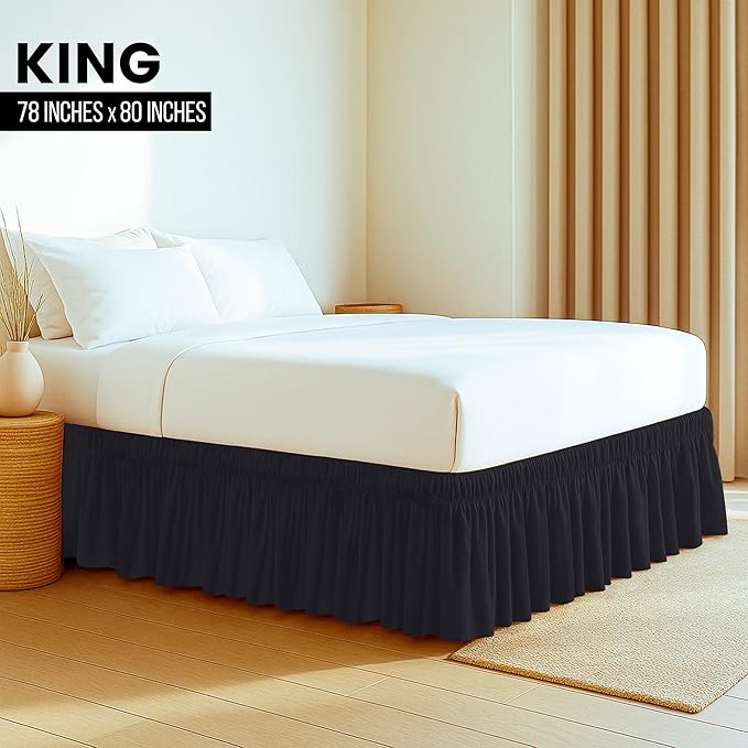 Utopia Bedding King Elastic Bed Ruffle - Easy Wrap Around Ruffle - Microfiber Bed Skirt with Adjustable Elastic Belt 16 Inch Tailored Drop - Hotel Quality Bedskirt, Fade Resistant (King, Black)