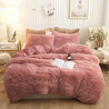 XeGe Plush Shaggy Duvet Cover Set, Luxury Ultra Soft Velvet Fluffy Bedding Sets 3 Pieces(1 Furry Faux Fur Dusty Pink Comforter Cover + 2 Fuzzy Faux Fur Pillowcases), Zipper Closure(Queen, Old Pink)