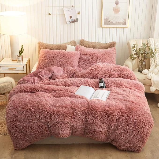 XeGe Plush Shaggy Duvet Cover Set, Luxury Ultra Soft Velvet Fluffy Bedding Sets 3 Pieces(1 Furry Faux Fur Dusty Pink Comforter Cover + 2 Fuzzy Faux Fur Pillowcases), Zipper Closure(Queen, Old Pink)