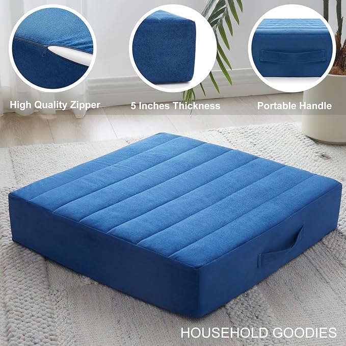 22 inches Floor Pillow for Adults - Large Meditation Cushion with Thick Foam & Soft Tufted Cover - Premium Outdoor Square Floor Cushion Seat - Yoga Pillows for Sitting On Floor - Navy Blue