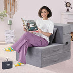 Folding Sofa Bed, 4 in 1 Convertible Sleeper Chair with Pillow, Single Memory Foam Fold Out Chair Bed, Modern Floor Futon Sofa Couch Mattress for Living Room/Guest/Apartment, Light Gray