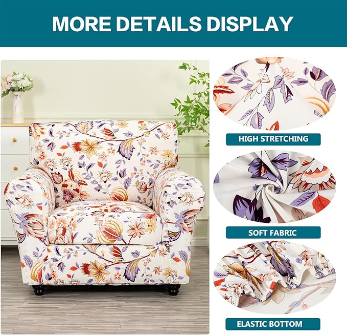 KRFOONN 2 Piece Couch Chair Cover Printed Sofa Covers Couch Covers Stretch Armchair Sofa Couch Slipcovers Furniture Protector with Elastic Bottom for Living Room (Armchair, 53)