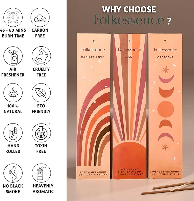 Folkulture Incense Sticks (120 Sticks) | Set of 6 Premium Incense for Yoga, Meditation, Aromatherapy | No Charcoal, Organic, Non Toxic, 45 Mins, Long Burning Palo Santo, Sandalwood, Insence-Sticks
