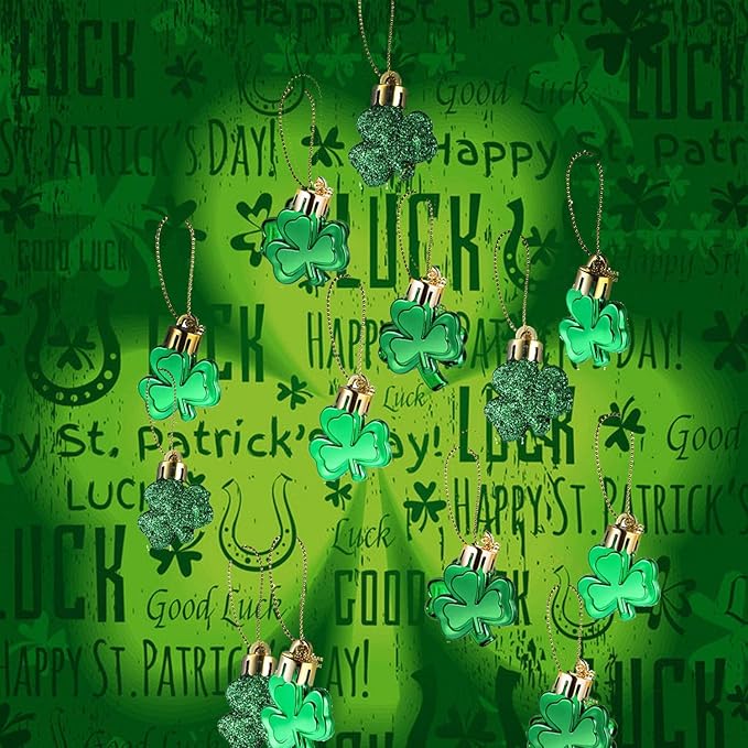30 PCS St. Patrick's Day Shamrocks Ornament Set, Good Luck Clover Hanging Bauble Trefoil Pendant Decoration for Keyring Tree Shelf Home Decor Irish Festival, 3 Style