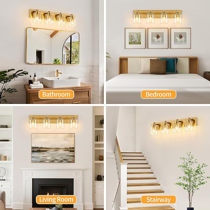 4 Light Modern Bathroom Light Fixtures Over Mirror, Brass Finish Vanity Lights for Bathroom Wall Sconces with Clear Glass Shades, E26 Socket (Bulbs Not Included)