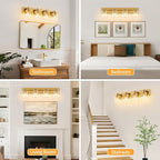 4 Light Modern Bathroom Light Fixtures Over Mirror, Brass Finish Vanity Lights for Bathroom Wall Sconces with Clear Glass Shades, E26 Socket (Bulbs Not Included)