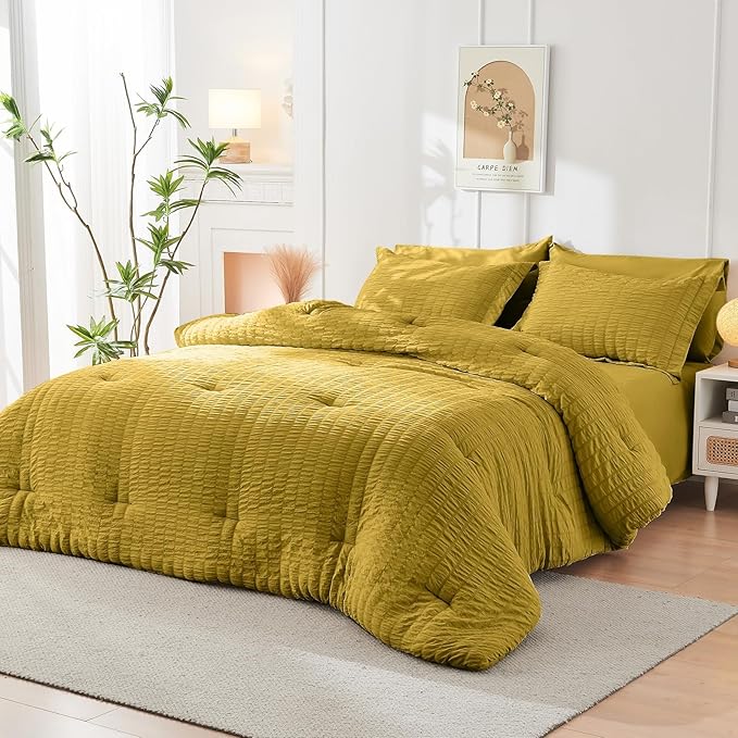 HYMOKEGE Mustard Yellow California King Comforter Set Seersucker 7 Pieces, All Season Luxury Bed in a Bag for Bedroom, Bedding Set with Comforter, Sheets, Pillowcases & Shams