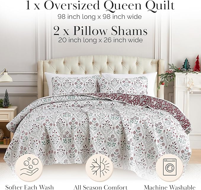 Southshore Fine Living, Inc. Christmas Quilt, Queen Size/Full with 2 Pillow Shams, Reversible Coverlet, Queen Size/Full Size Holiday Christmas Bedding Set - Vintage Red & Cream