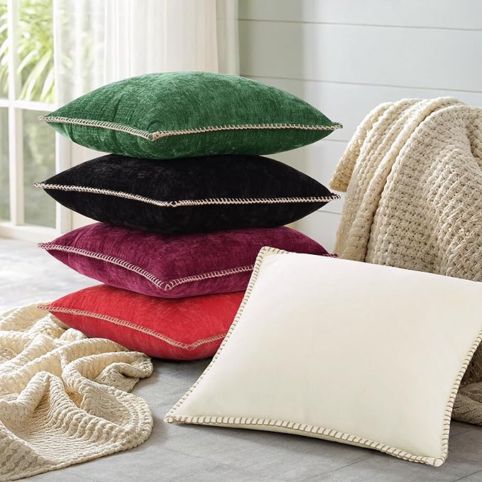 decorUhome Spring Chenille Soft Cozy Throw Pillow Covers 12x20 Set of 2, Modern Farmhouse Boho Velvet Decorative Pillow Cases with Stitched Edge for Couch Sofa Bed Home Decor, Green