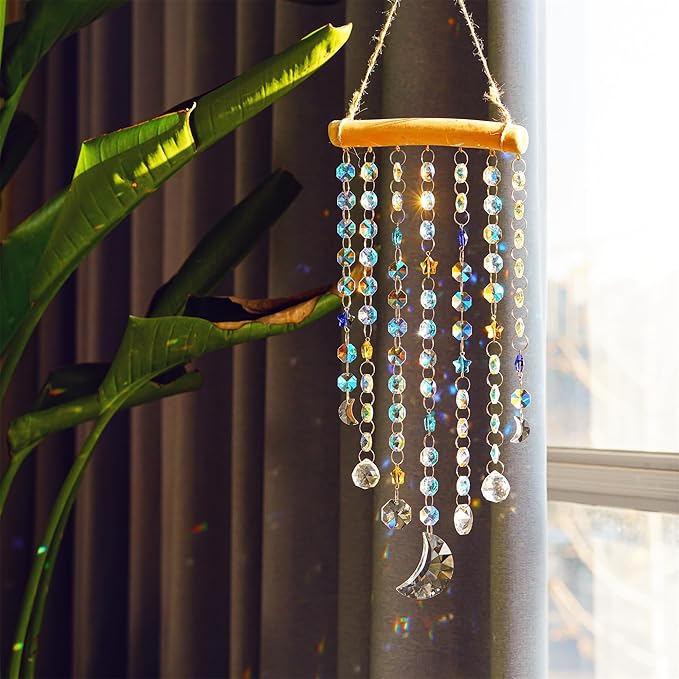 13.3inch Crystal Moon Star Prism Suncatcher Rainbow Maker Pendant Window Garden Hanging Decoration Ornament for Christmas Tree Crystal Wind Chimes