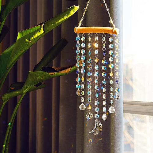 13.3inch Crystal Moon Star Prism Suncatcher Rainbow Maker Pendant Window Garden Hanging Decoration Ornament for Christmas Tree Crystal Wind Chimes