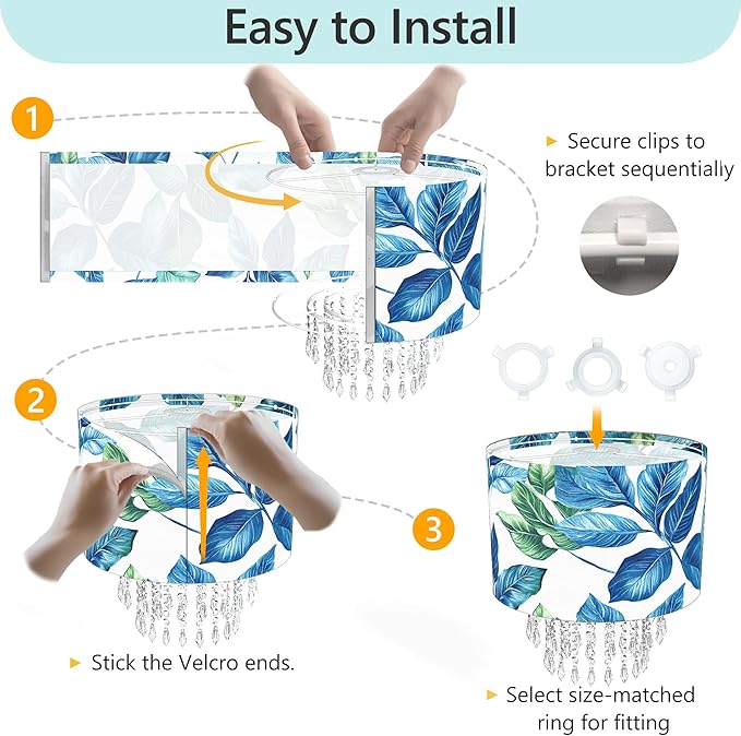 Blue Leaf Tropical Leaf Lamp Shade with Acrylic Bead Droplets, Drum Fabric Light Shade for Ceiling Pendant Table or Floor Lamps, Botanical Nature Home Decor, 11.8in