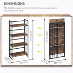 4NM No Assembly 4 Tiers Folding Bookshelf, 47.2" H Foldable Storage Shelves Vintage Bookcase Standing Racks Study Organizer Home Office - Rustic Brown Black