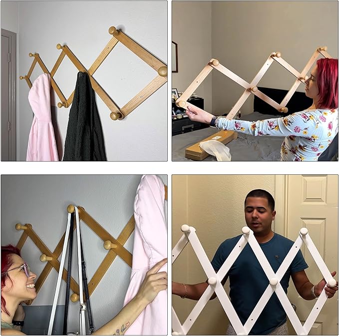 Dseap Expandable Coat Rack (Larger Version) - 24” High, Anti-Slip, Ultra Heavy Duty Wooden Accordian Wall Hanger with 10 Study Peg Hooks for Clothing Hats Jackets Bags, White & Natural