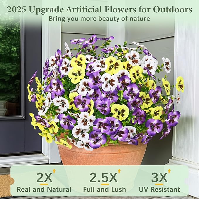 MARTINE MALL 12 Bundles Look Real Artificial Flowers for Outdoors, Realistic Fake Outdoor Flowers, UV Resistant Silk Pansy Flowers for Outside Faux Flower Plants for Outdoor Porch Garden, Mixed Colors