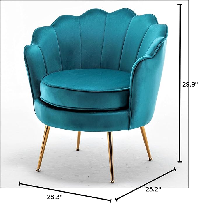 Velvet Barrel Accent Chair with Scalloped Silhouette and Gold Metal Legs, Decorative Piece Suitable for Traditional, Modern, and Contemporary Spaces, Greenish Blue