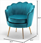 Velvet Barrel Accent Chair with Scalloped Silhouette and Gold Metal Legs, Decorative Piece Suitable for Traditional, Modern, and Contemporary Spaces, Greenish Blue