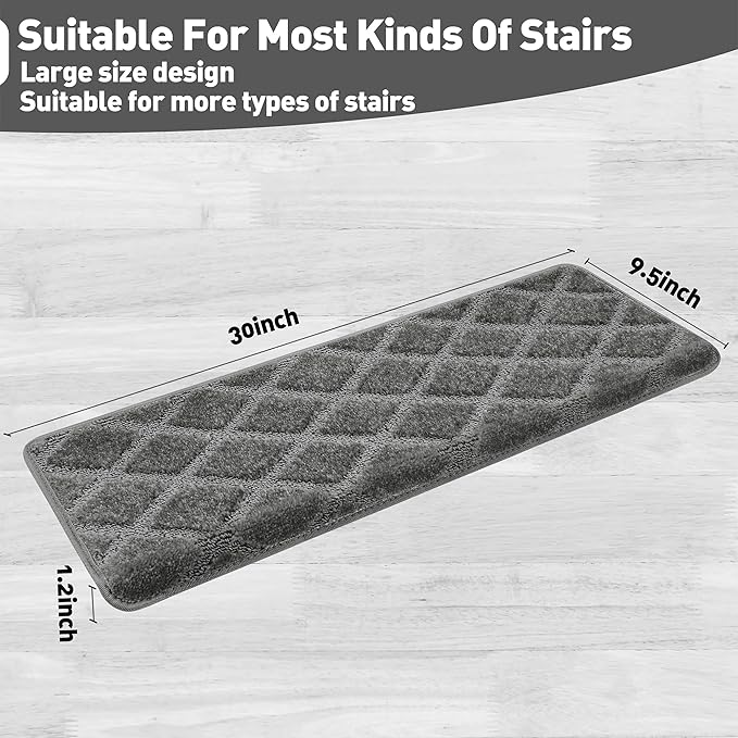 PURE ERA Bullnose Carpet Stair Treads Set Tape Free Non-Slip Indoor Stair Protectors Pet Friendly Rugs 9.5" x 30"(7 Pieces,Grey Diamond Trellis)
