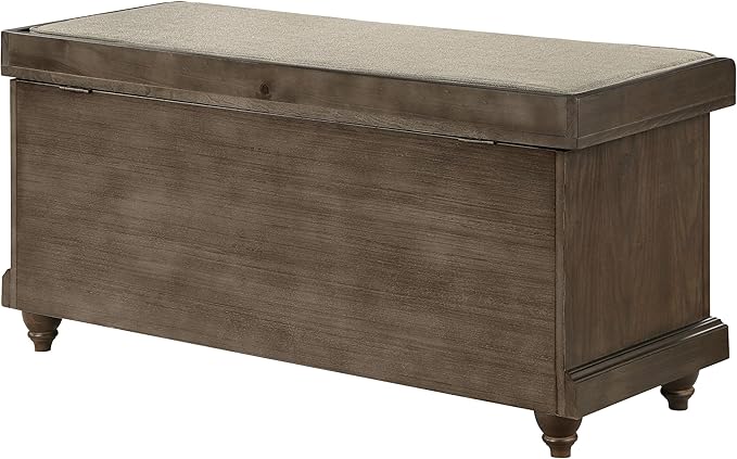 OSP Home Furnishings Dover Coastal Lift-Top Storage Bench with Shutter Face Styling, Dark Walnut Finish with Beige Fabric Cushion