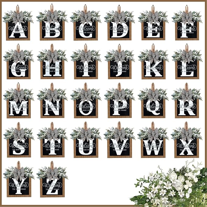 Ultra Large 14'' Last Name All Year Round Front Door Wreath with 26 Initial Letter Welcome Sign All Seasons Eucalyptus Garland and Bow Wreaths for Front Door Porch Farmhouse Decoration (X)