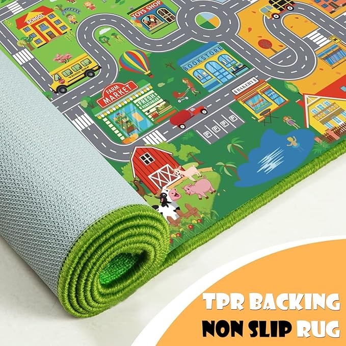 Car Rugs for Kids Toy Cars,Kids Play Rug with Non-Silp Backing, City Road Carpet for Playroom Bedroom Boys, Car Track Map Playmat - 9'2" x 6'7" (Rectangular)