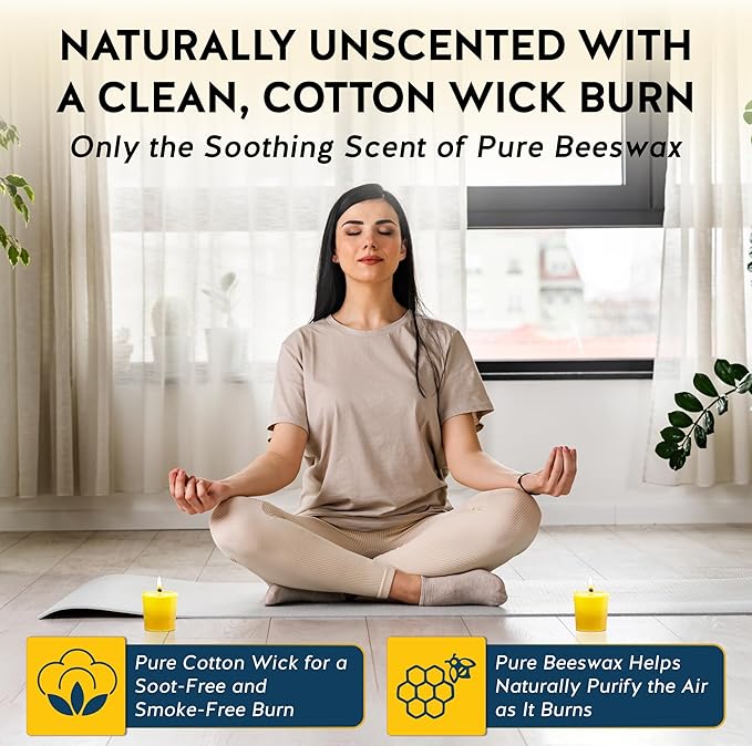 Alternative Imagination 100% Pure Natural Beeswax Votive Candles - 24 Pack - Hand-Poured - Unscented- Light Honey Aroma - 15 Hour Burn - Paraffin-Free, Long Lasting for Prayer, Meditation & Home Decor