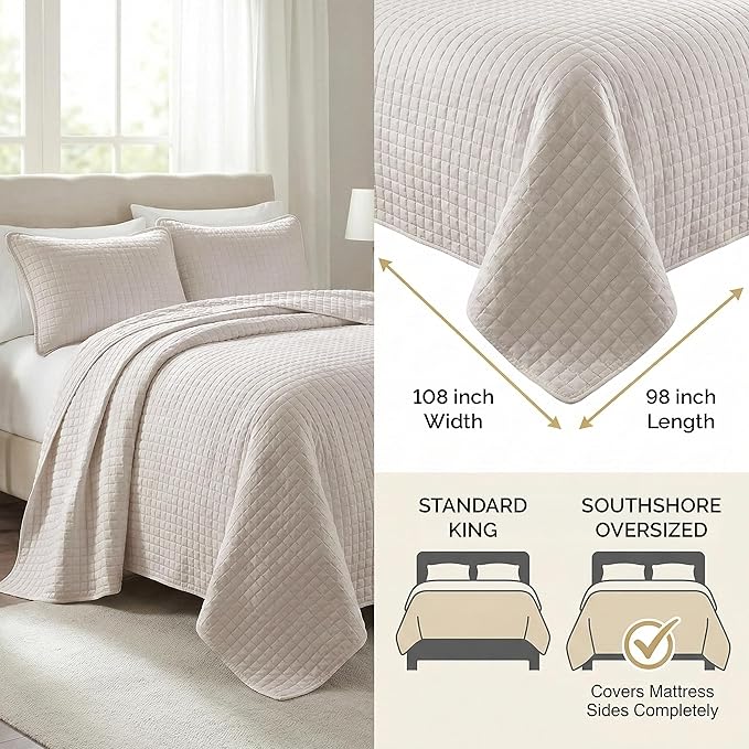 Southshore Fine Living, Inc. King Quilt Bedding Set, Quilted Comforter, Coverlet Bed Spread for California Kings, Luxury Bedding King Quilt Set, Lightweight Quilted Bedspread w/Shams, Natural Beige
