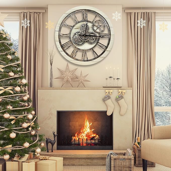 The B-Style Large Wall Clock 24 inch Moving Gear Wall Clock Oversized Vintage Farmhouse Wall Clocks for Living Room Decor Rustic Industrial Wood Clock (Desert Beige and Bronze, 36 inch/90cm)