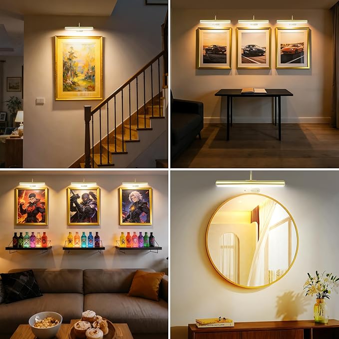 Set of 2 Picture Lights on Wall Rechargeable and Remote, Full Metal Painting Light with 3 Lighting Colors Brightness Dimmable and Timer Auto-OFF, Above Artwork Dartbord Display Gallery Portrait