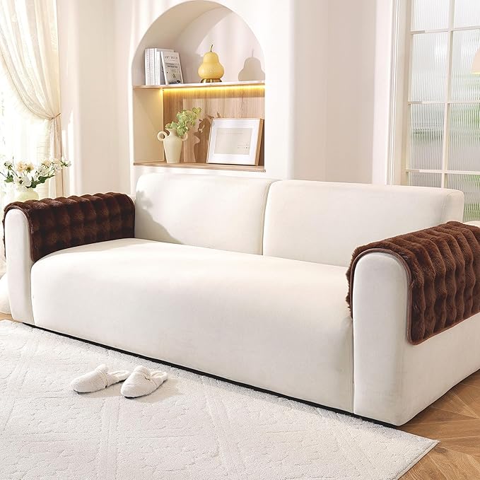Non-Slip Couch Arm Covers,Thick Soft Recliner Arm Chair Covers Set of 2 Waterproof Armrest Covers for Sofa, Washable Faux Fur Sofa Arm Cover (Brown, 24" x 24" 2 Pack)
