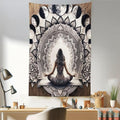 Ambesonne Mandala Tapestry, Meditating Lady with Ethnic Florals and Lunar Phases Frame Rustic, Fabric Wall Hanging Decor for Bedroom Living Room Dorm, 30" X 45", Cocoa Charcoal Grey White