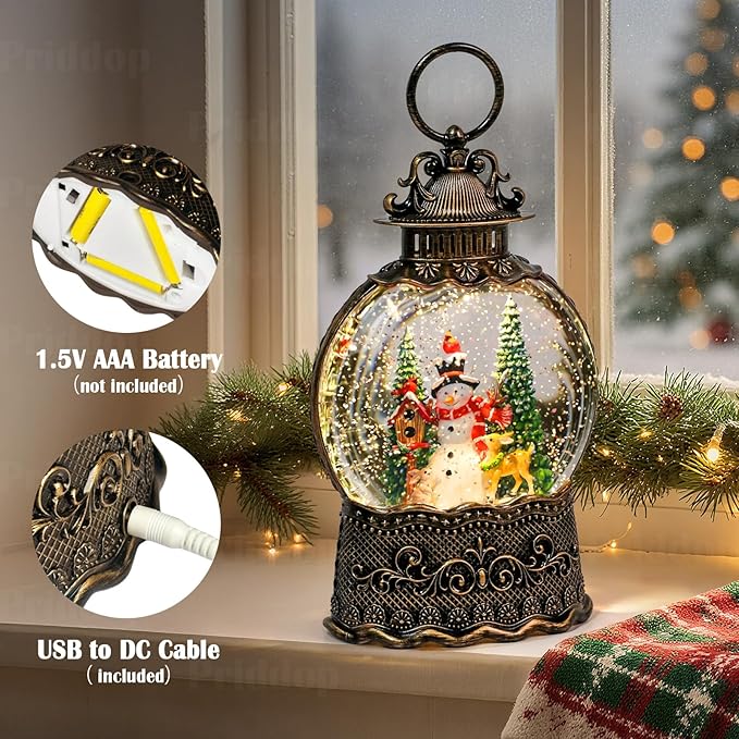 Snowman Snow Globe Christmas Decorations Indoor Deer Cardinal Snowman Gifts Classic Relief Texture Musical Glitter Snowfall USB/Battery Timer Lantern 10.6 inch