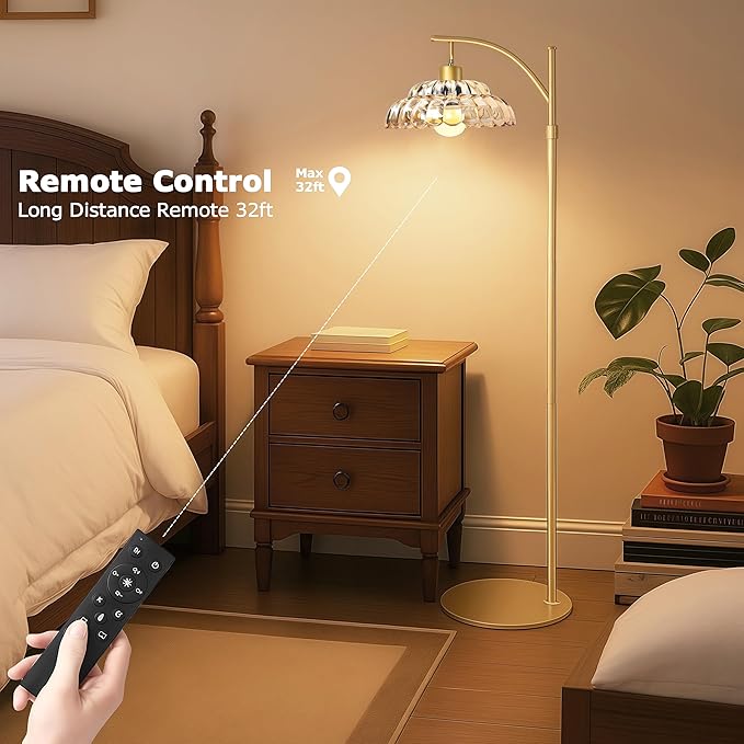 Floor Lamp with Amber Glass Shade, Dimmable Standing Lamp with Remote, Gold Floor Lamp for Living Room,Bedroom, Mid Century Tall Lamp with 12W LED Bulb