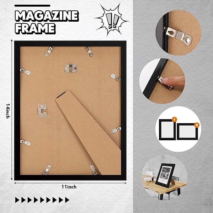Geetery 8 Pcs Plastic Magazine Frames for Wall Fits 8.5''x11.25'' Magazine Display Frame with Installed Hangers and Core Matting for Home Decoration (Black (Black Mat))