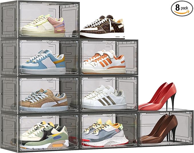8 Pack XX Large Shoe Organizer, Heavy-Duty Hard Thicken Plastic Clear Stackable Shoe Storage Box Organizer for Closet, Space-Saving Shoe Rack Display Case Bin Containers for Sneakers, Grey