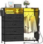 Dresser for Bedroom with Clothes Rack Side Pockets 5 Drawer Dresser with Charging Station LED Lights Black Storage Chest of Drawers for Nursery Hallway Closet Sturdy Steel Frame Wood Top