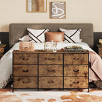 WLIVE 47''W Dresser for Bedroom, Dresser TV Stand for 45, 50, 55 inch TV, Wide Chest of Drawers with 9 Drawer, Large Entertainment Center, Fabric Dressers with Wood Top for Living Room, Rustic Brown