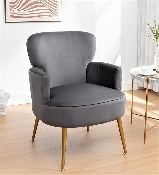 Trendy Velvet Accent Chair with Gold Metal Legs, Upholstered Armchair for Small to Mid-Size Spaces, Modern Living Room, Bedroom, Vanity Desk and Entryway, Grey