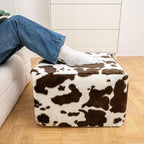 20x20x14 Inches Fluffy Square Pouf Ottoman - Plush Furry Ottoman Foot Rest Stool with High-Density Foam, Versatile Floor Seating for Living Room (Coffee Cow Print)