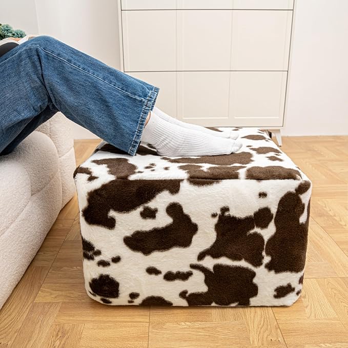 20x20x14 Inches Fluffy Square Pouf Ottoman - Plush Furry Ottoman Foot Rest Stool with High-Density Foam, Versatile Floor Seating for Living Room (Coffee Cow Print)
