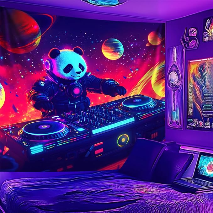 NYZE Panda Space Tapestry for Bedroom, Music Wall Tapestry, Party Decor Glow in the Dark Room Decor Tapestries, Cool Galaxy Planet Wall Hanging, Wall Hanging for Room Dorm 79in×59in