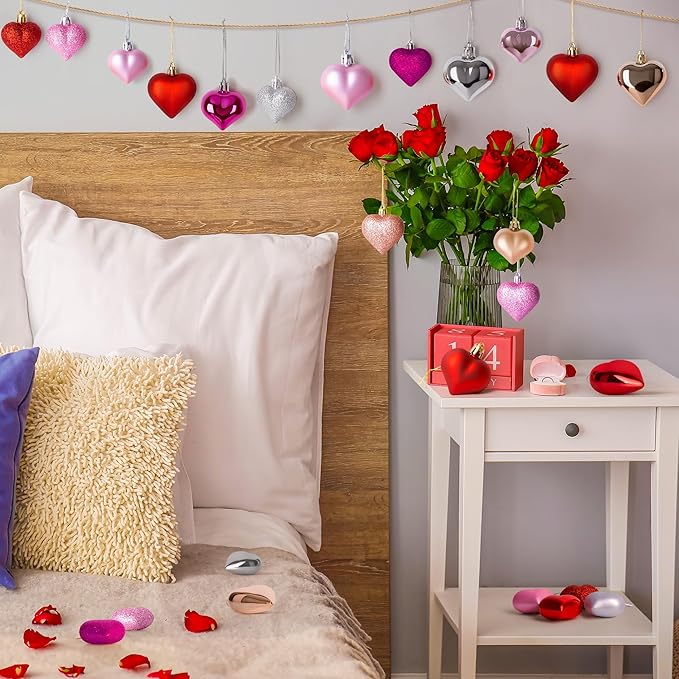48PCS Valentine's Day Heart Shaped Ornaments - Classic Red Pink Silver Rose Rosegold Colors, Hanging Hearts for Tree Decorations