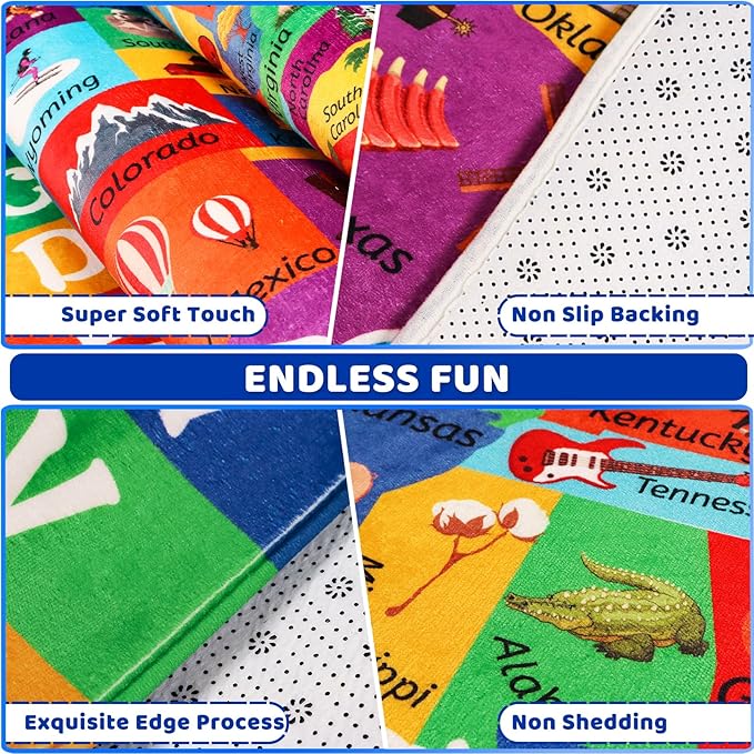 USA Map ABC Kid Rug 39.4" × 63" for Playroom Geography Classroom Rug Educational Baby Playmat Alphabet Mat for Primary School Fluffy Ployester Non-Slip Preschool Carpet for Nursery Room