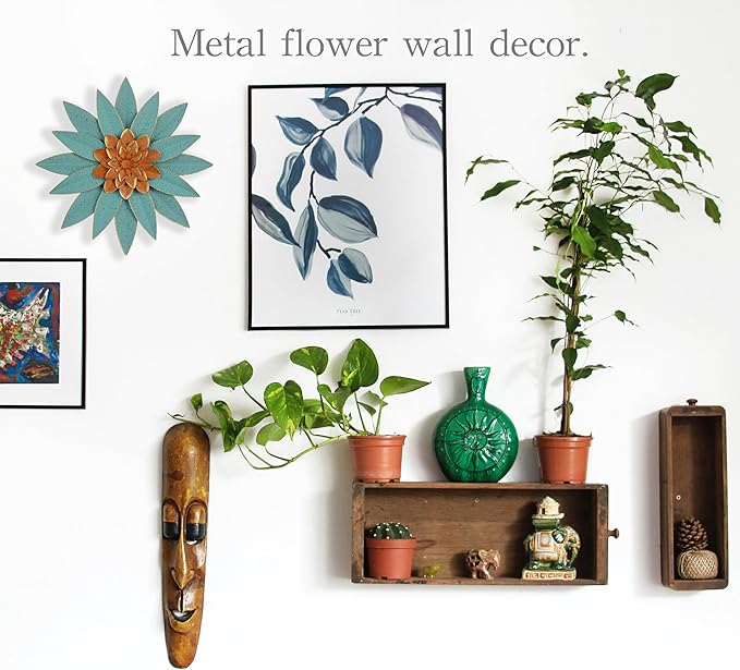 Blue metal flower wall decor, 10.5 "rural modern flower wall art, imitation old iron wall hanging for home decor, indoor kitchen, bedroom, living room, office, outdoor garden, courtyard featured artworks.