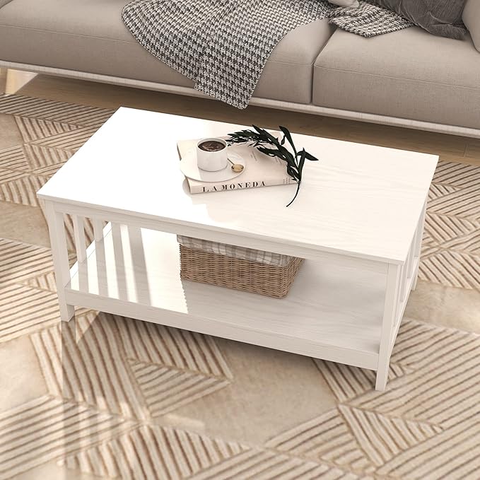 ChooChoo Farmhouse Coffee Table, Pure White Living Room Table with Shelf, 40 Inch
