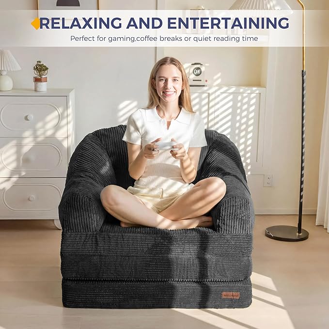 MAXYOYO Folding Sofa Bed with Backrest, Boneless Fold Out Couch Bed with Handle, 2 in 1 Convertible Bean Bag Chair to Floor Sofa Lounger, Comfy Folding Couch for Bedroom & Living Room, Black