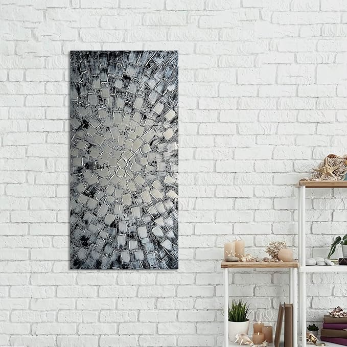 MyArton Textured Abstract Squares Canvas Wall Art Hand Painted Modern Black Silver Oil Painting Picture for Home Decoration Ready to Hang Horizontal or Vertical 40x20inch