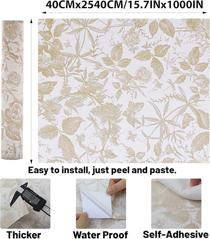Drawer Liner Contact Paper for Dresser Peel and Stick Wallpaper Sketched Design 15.7x1000in Self Adhesive Removable Champagne Maroon Rose Floral Butterfly Vintage Cabinet Shelf Renter Friendly