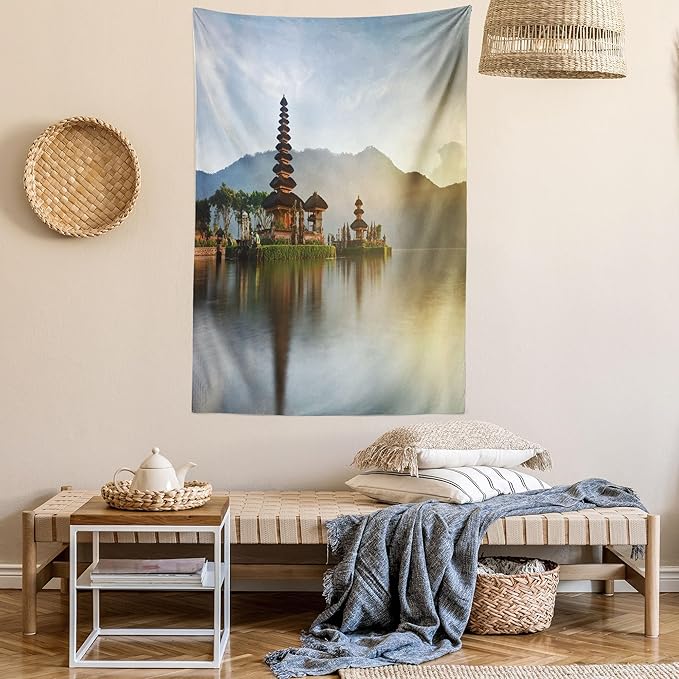 Ambesonne Balinese Tapestry Twin Size, Pura Ulun Danu Building Panorama Sunrise on Lake Bratan Bali Indonesia Waterscape, Wall Hanging Bedspread Bed Cover Wall Decor, 68" X 88", Beige Brown