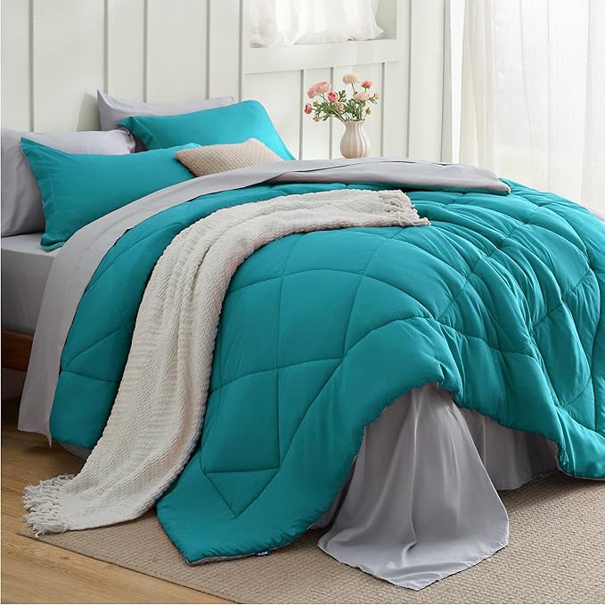 Bedsure Twin Comforter Set - 5 Pieces Reversible Teal Bedding, Twin Size Bed Set for All Seasons, Bed in a Bag with Down Alternative Comforter, Sheets, Pillowcase & Sham